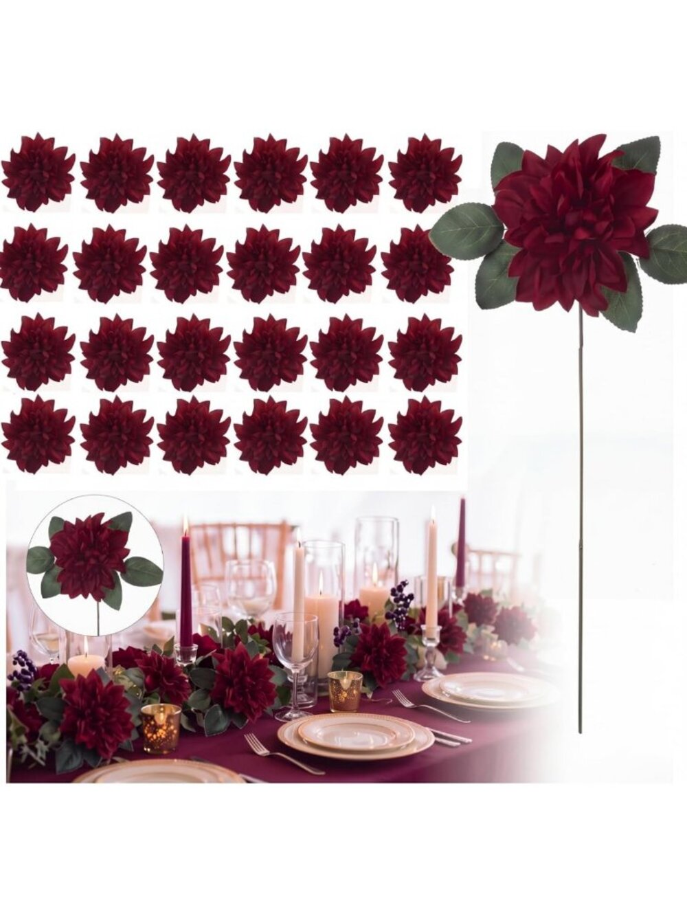 50 Pack Burgundy Silk Dahlia Flowers - Artificial Floral Decor for Home & Events